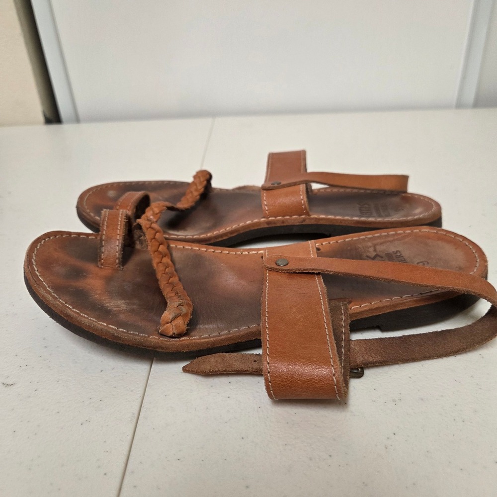Skitis Brothers Greek Leather Sandals Brown Braided Toe Loop Flat Womens 9